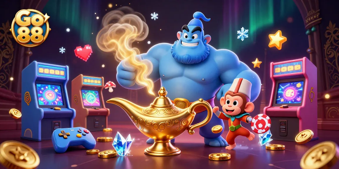 Engage with Go 88 as a magical genie unleashes poker chips and vibrant casino elements in this dynamic scene.