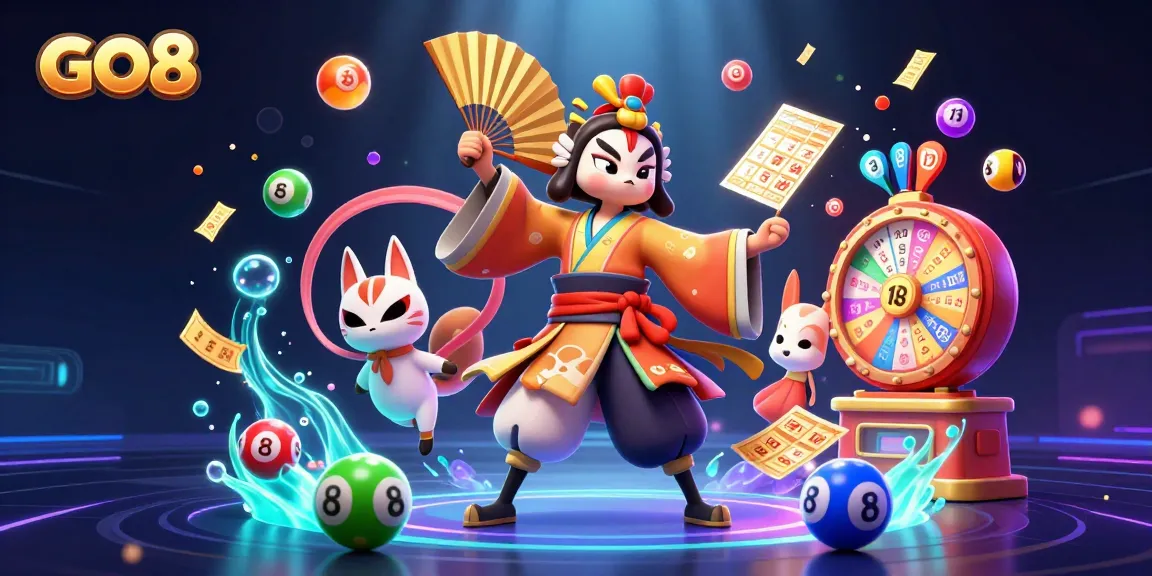 Win exciting prizes at GO8 with colorful lottery balls, spinning wheels, and engaging casino elements.