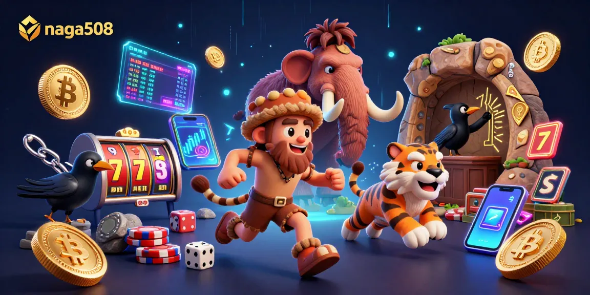 Naga508 offers thrilling online slot experiences with dynamic caveman and tiger characters competing in a colorful casino.
