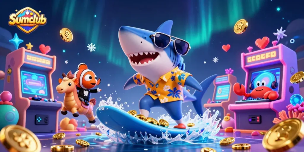 Engage with Sumclub's thrilling online gaming adventure featuring a shark surfing through gold coins.