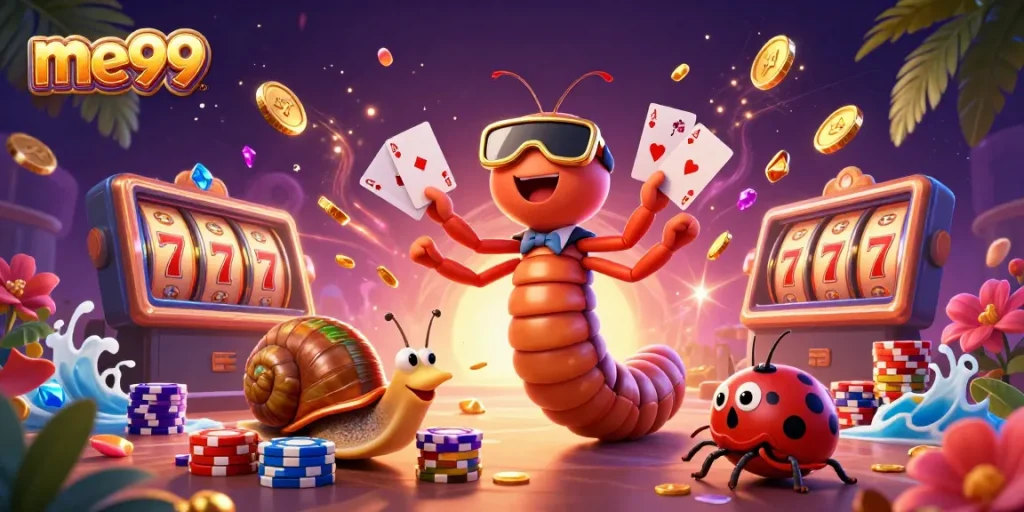 Play exciting slots at me99 with a vibrant casino atmosphere, featuring characters and shimmering rewards.