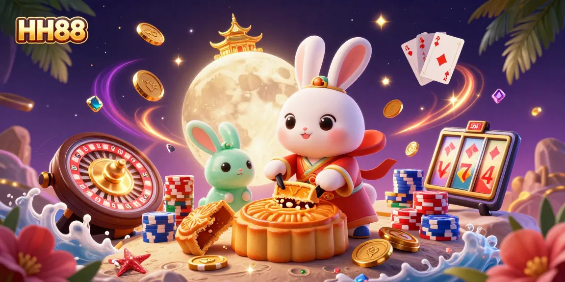 Experience exciting casino gaming with HH88 featuring a moon rabbit and vibrant game elements.