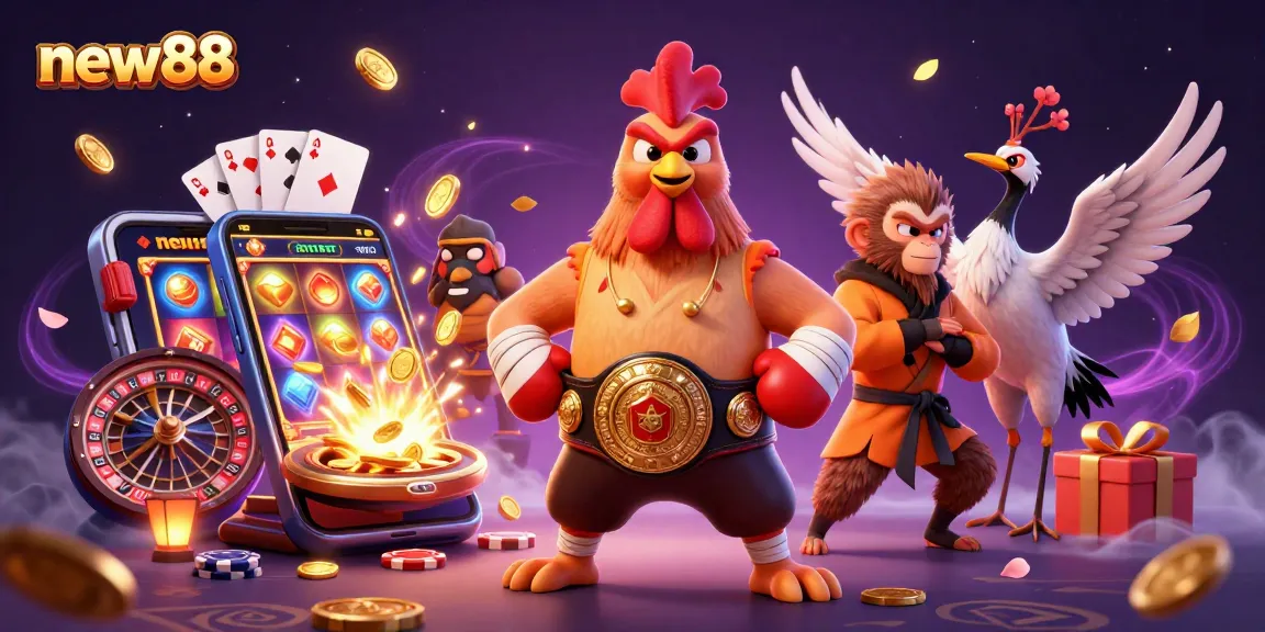 Spin the reels and win big at new88 with a dynamic illustration of a rooster, monkey, and crane amidst vibrant casino elements.
