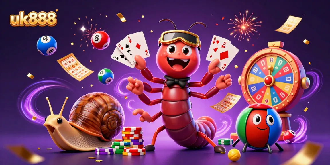 uk888 showcases a vibrant casino scene with a millipede dealer and a high-roller snail in an interactive gambling atmosphere.