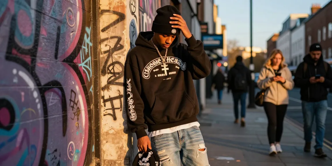 Chrome Hearts fashionista showcasing oversized hoodie and streetwear accessories in vibrant London.