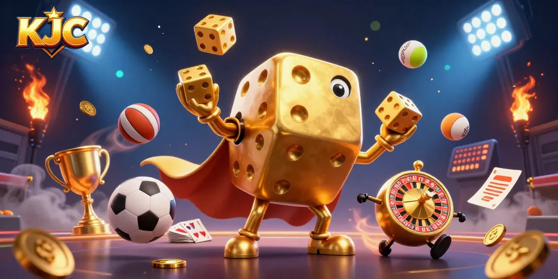 KJC presents a vibrant casino-themed 3D illustration featuring a golden dice golem juggling dice and surrounded by dynamic game elements.