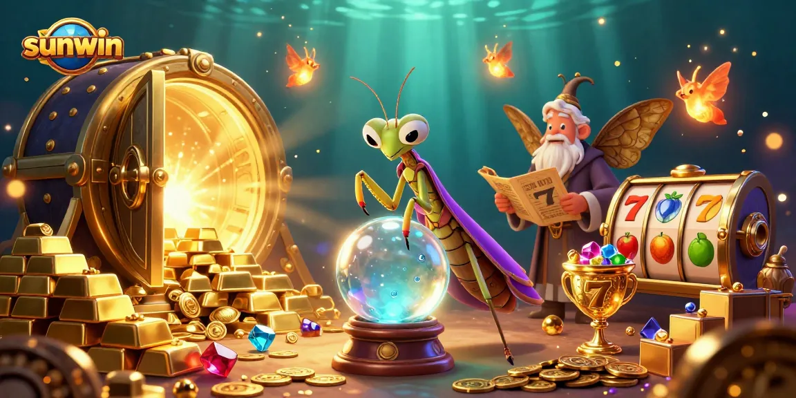 Experience sunwin's magical slots with a vibrant 3D scene featuring a mystical fortune teller and rich treasures.