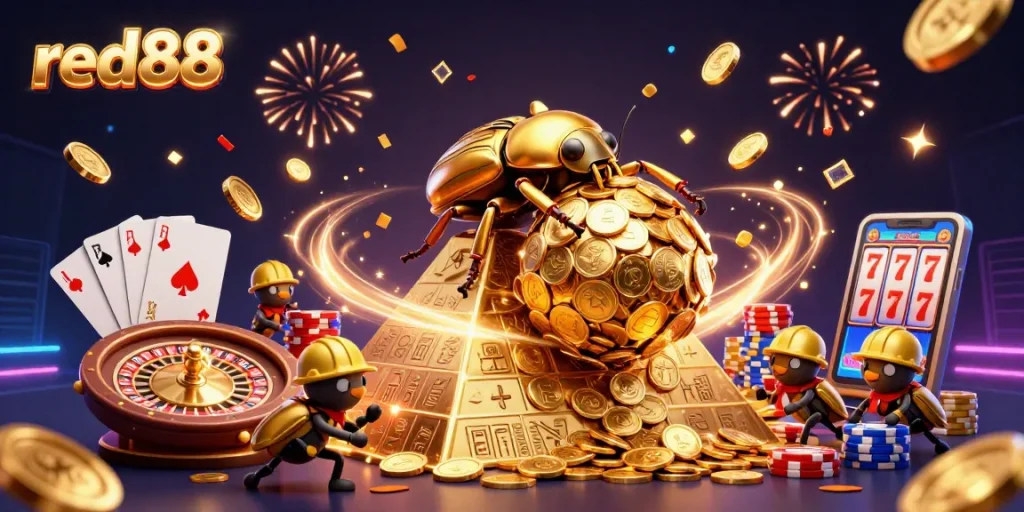 Experience the thrill of red88 with a dynamic scene of beetles rolling golden coins and vibrant casino symbols.