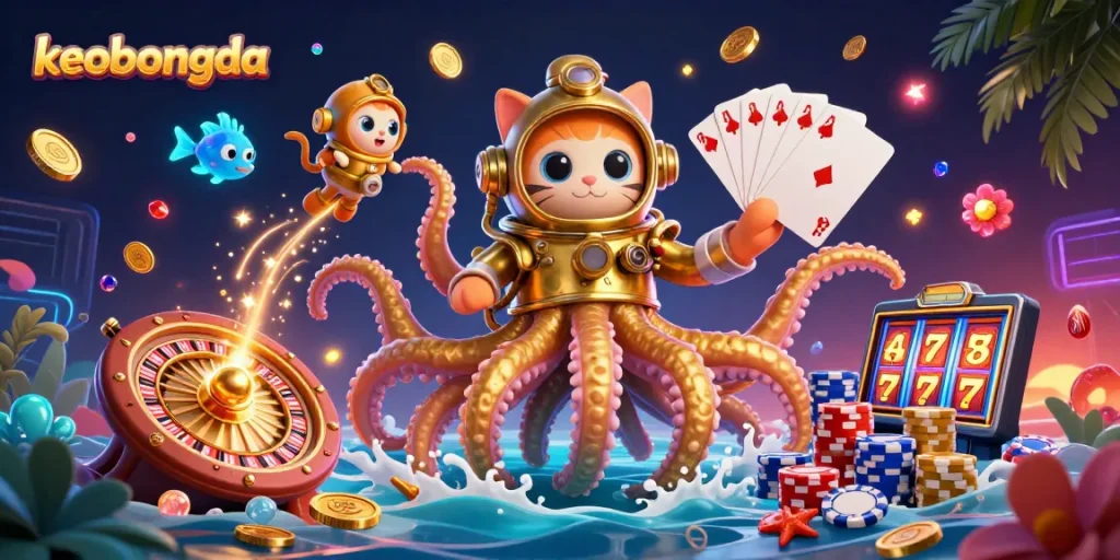 Experience the thrill of keobongda as the kraken rises with treasure, surrounded by dynamic casino action.