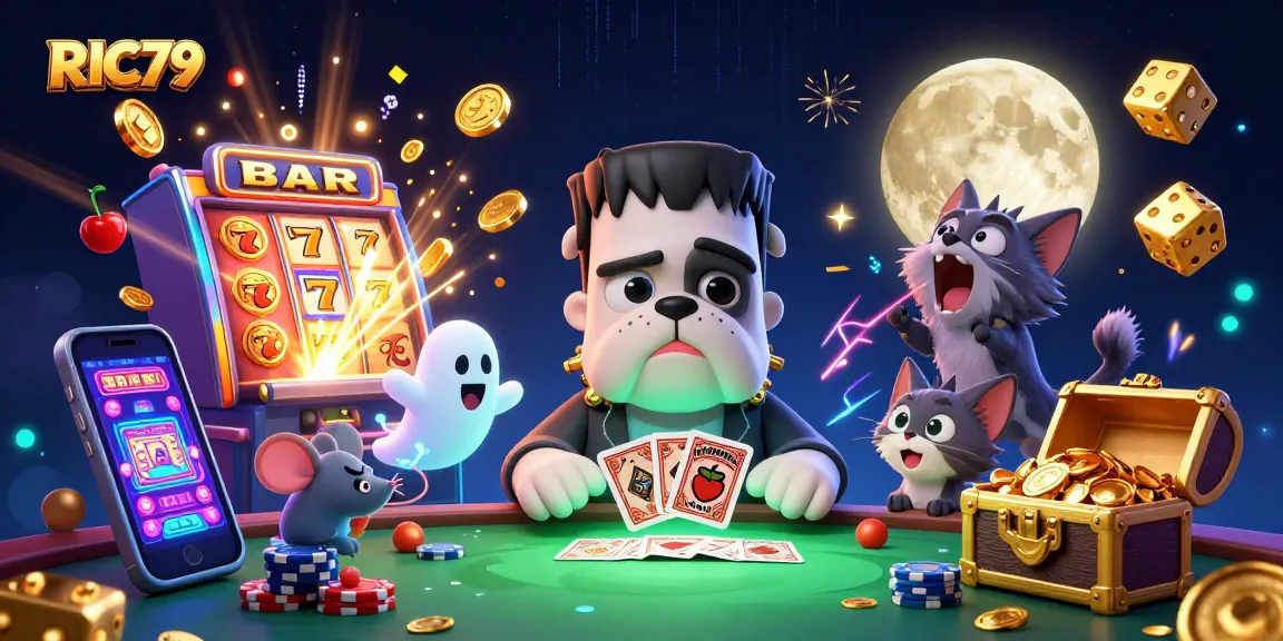 Experience the thrilling world of RIC79 with a cartoon bulldog monster dealing cards at a vibrant casino scene.