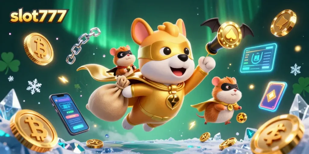 Spin to win with slot777! A heroic dog and hamster soar above glowing crypto coins in this thrilling casino scene.
