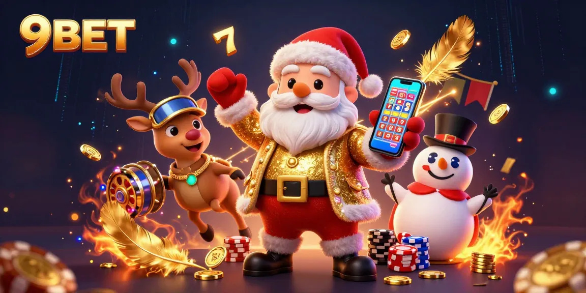 Experience the excitement of 9BET casino with Santa, reindeer, and snowman enjoying slots!