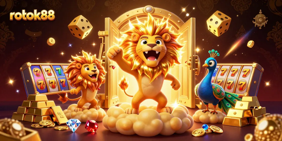 Play big with rokok88 as the vibrant sun lion and golden dice animate an energetic casino scene.