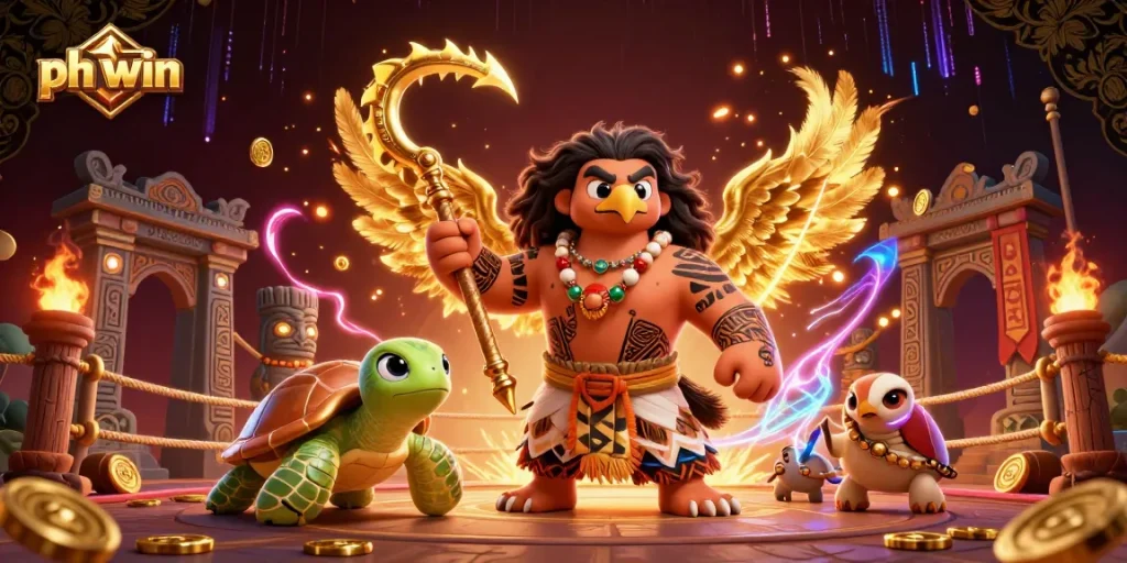 Engage with ph win's 3D cartoon gaming scene featuring a demigod hawk and turtle in a vibrant casino arena.