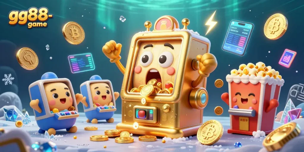Win big with gg88-game as the golden slot machine celebrates its jackpot amidst dazzling crypto elements.
