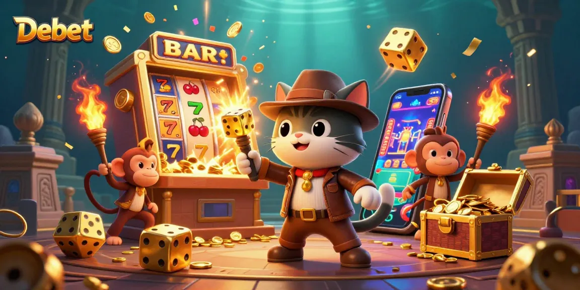 Experience the thrill of Debet with a dynamic 3D illustration of a cat and monkey exploring a golden casino artifact.