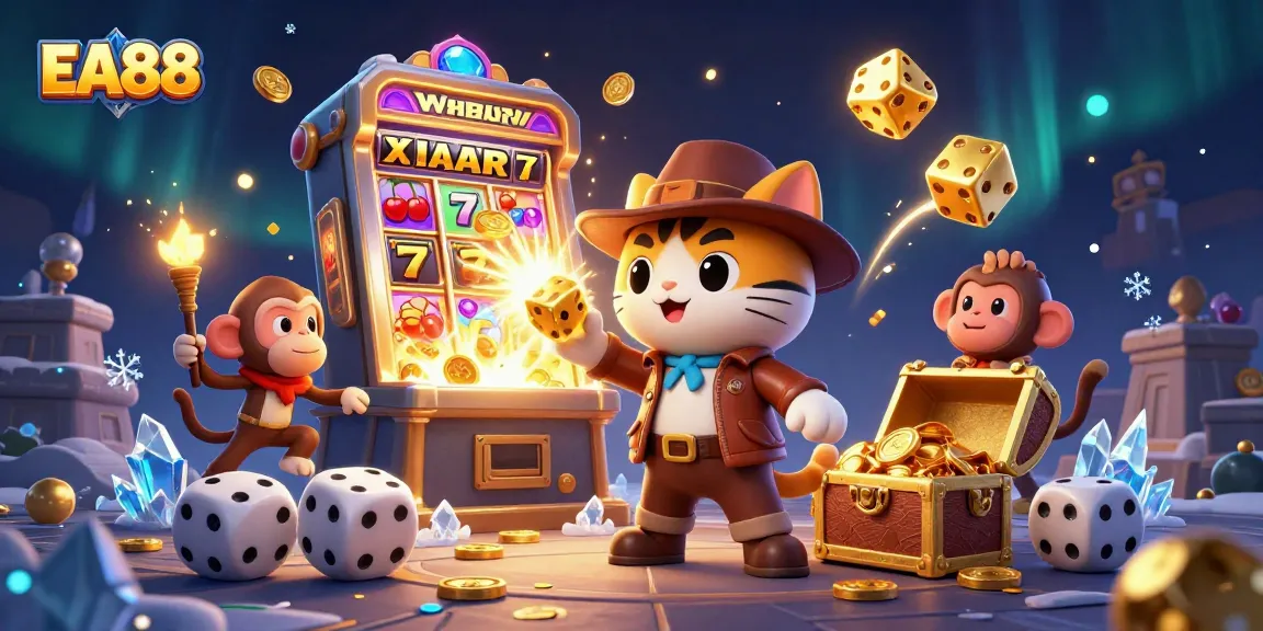 Experience thrilling adventures with EA88 in this vibrant 3D casino treasure hunt scene.