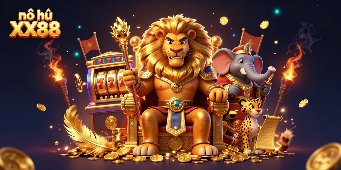 Nổ hũ XX88 showcases a vibrant 3D cartoon scene with a lion king and jackpot elements, captivating players with slot excitement.