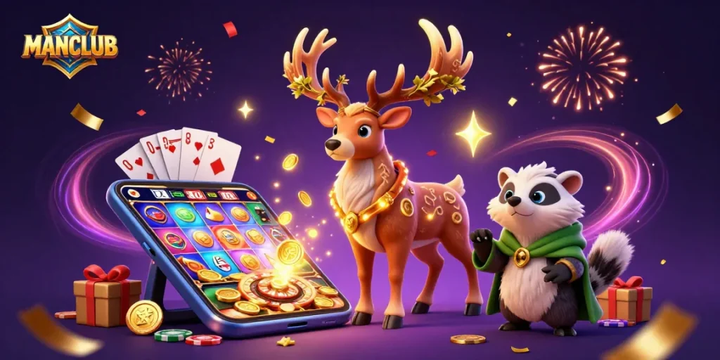 Experience thrilling games at MANCLUB with festive ambiance and vibrant casino elements.