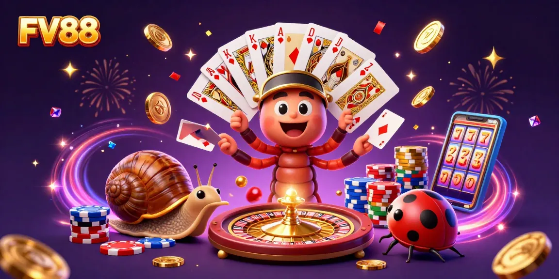 Experience thrilling gameplay with FV88’s vibrant casino illustration featuring engaging characters.