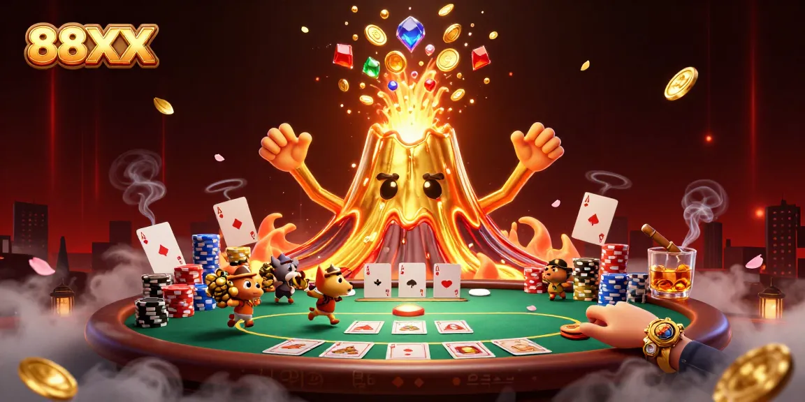 88XX showcases a triumphant golden volcano erupting coins amid poker gaming elements, exuding excitement.