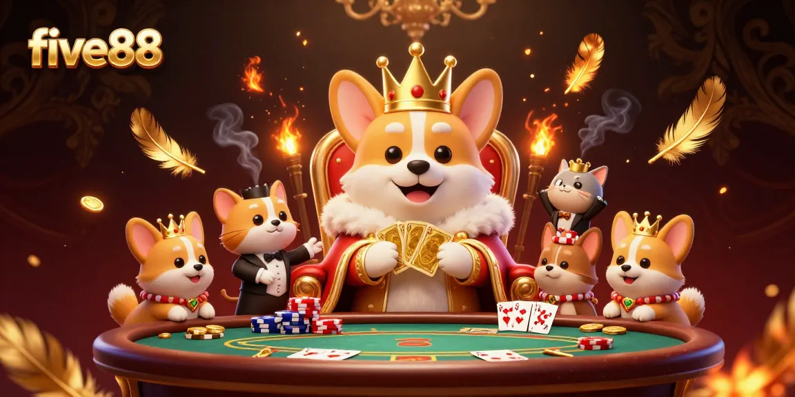 Experience thrilling gameplay at five88 with a royal corgi and dynamic poker scene.
