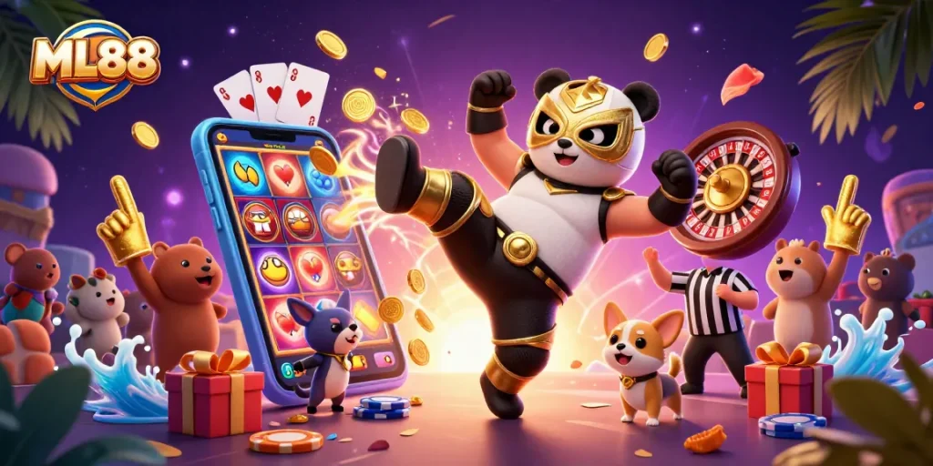 ML88 showcases thrilling gaming action with animated characters and vibrant casino elements.