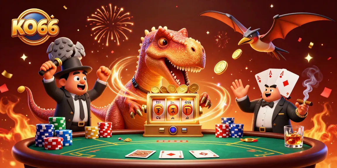 Win at KO66 as a dinosaur hits the jackpot, surrounded by casino excitement and dynamic games.
