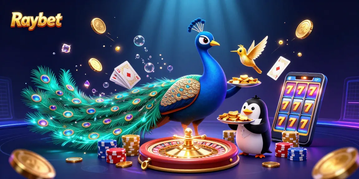 Raybet showcases vibrant casino action with peacock, penguin, and hummingbird amid stunning game elements.