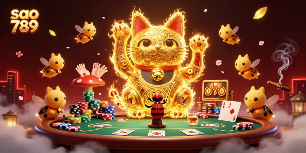 Engage with exciting games at sao 789 featuring a lucky cat and vibrant casino elements.