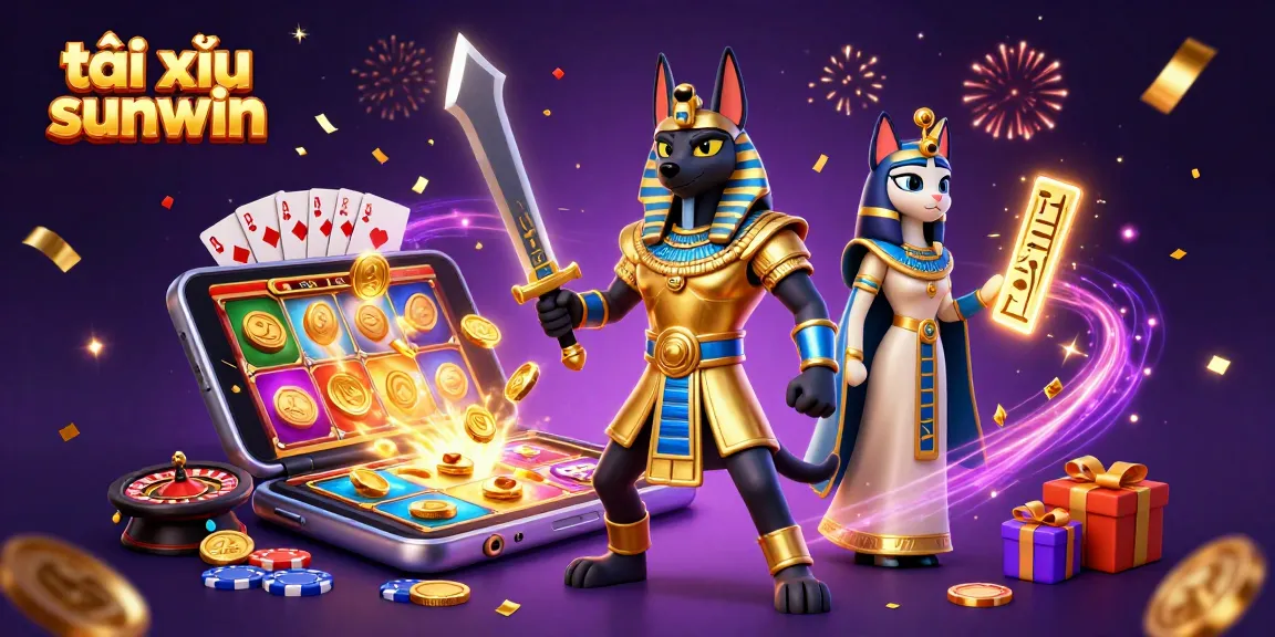 Engage with tài xỉu sunwin action featuring a vibrant 3D illustration of Anubis and Bastet amidst iconic gambling elements.