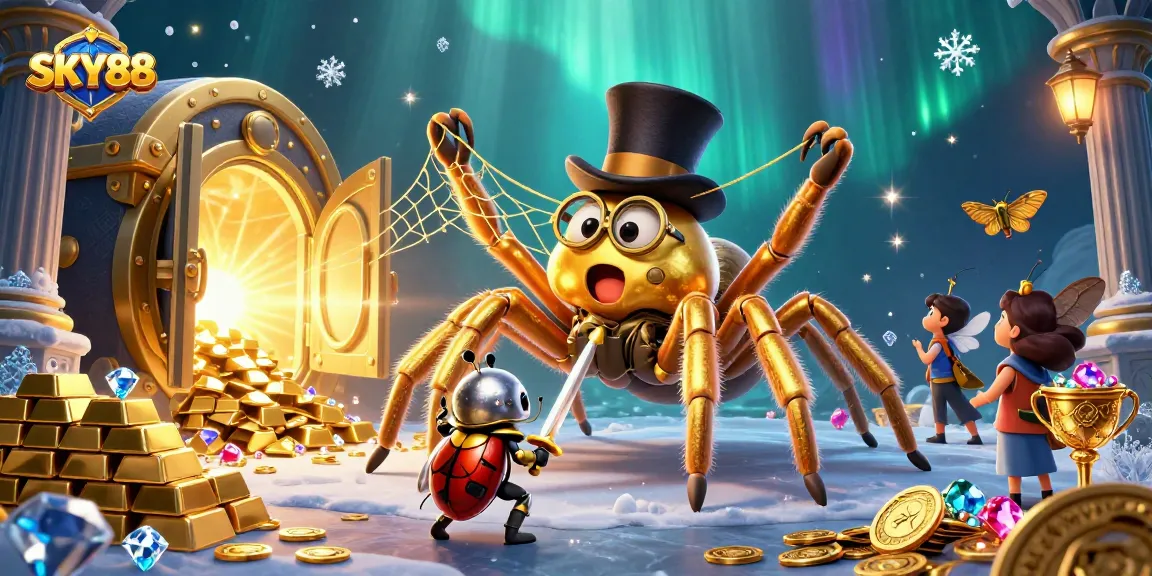 Engage with SKY88's rich casino experience as a giant tarantula spins gold amidst vibrant game symbols.