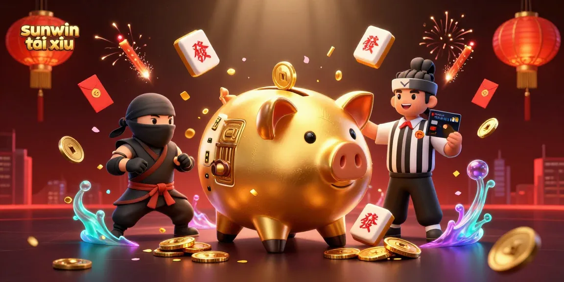 Experience thrilling sunwin tài xỉu action with a dynamic scene featuring a golden piggy bank and a ninja!