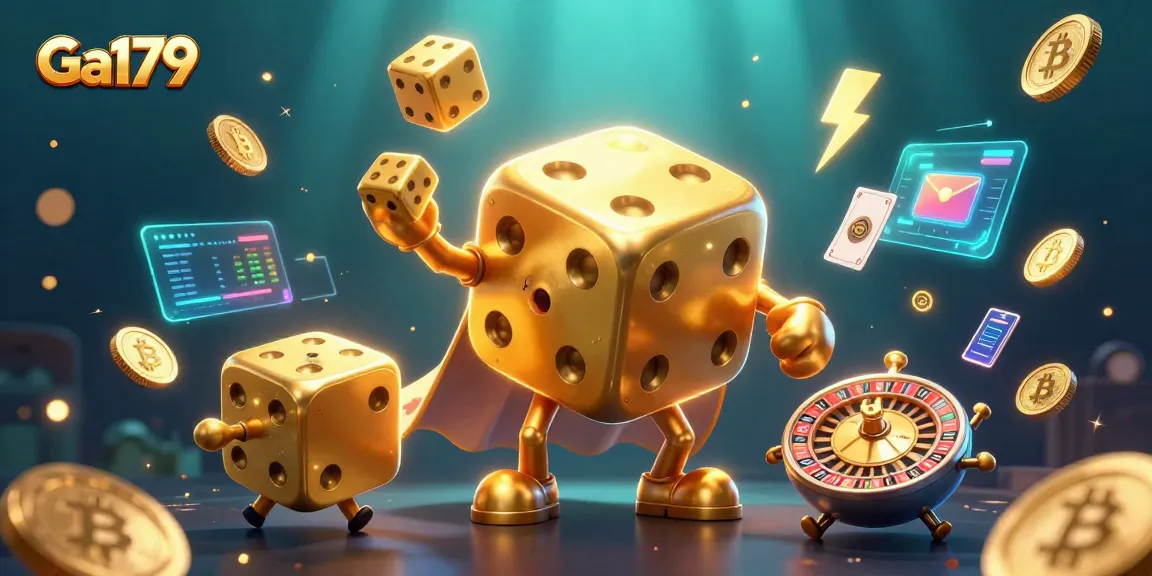 Engage with Ga179's thrilling gaming environment featuring a playful golden dice golem.