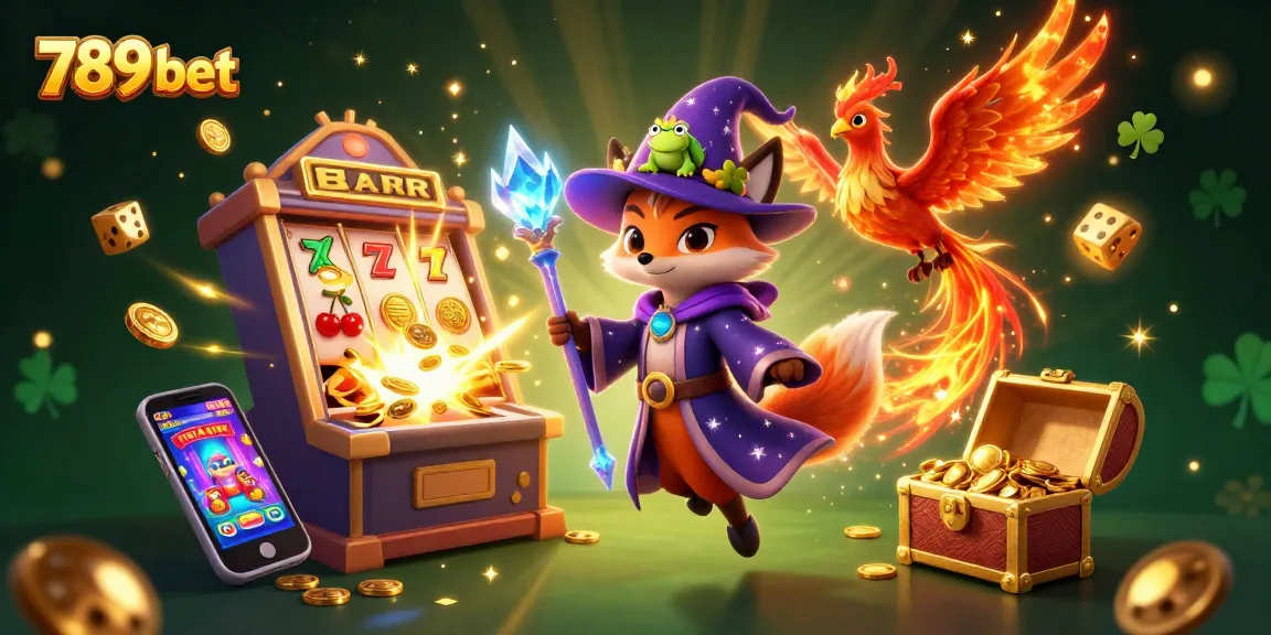 A mystical scene celebrating 789 bet with a wizard fox and phoenix amid slot machines and golden jackpots.