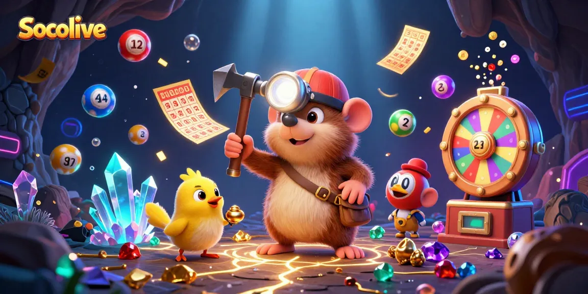 Socolive showcases an exciting treasure hunt with a cartoon mole and canary amid colorful lottery elements.