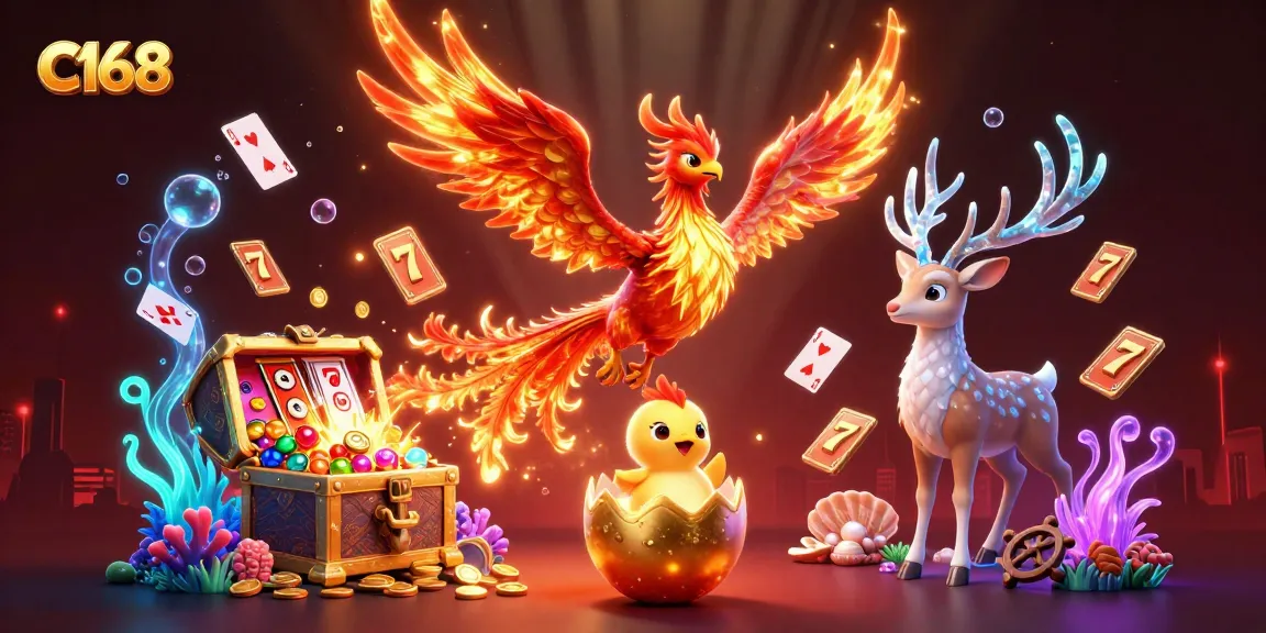 Experience exciting C168 slots with a vibrant fire phoenix and rich casino elements.