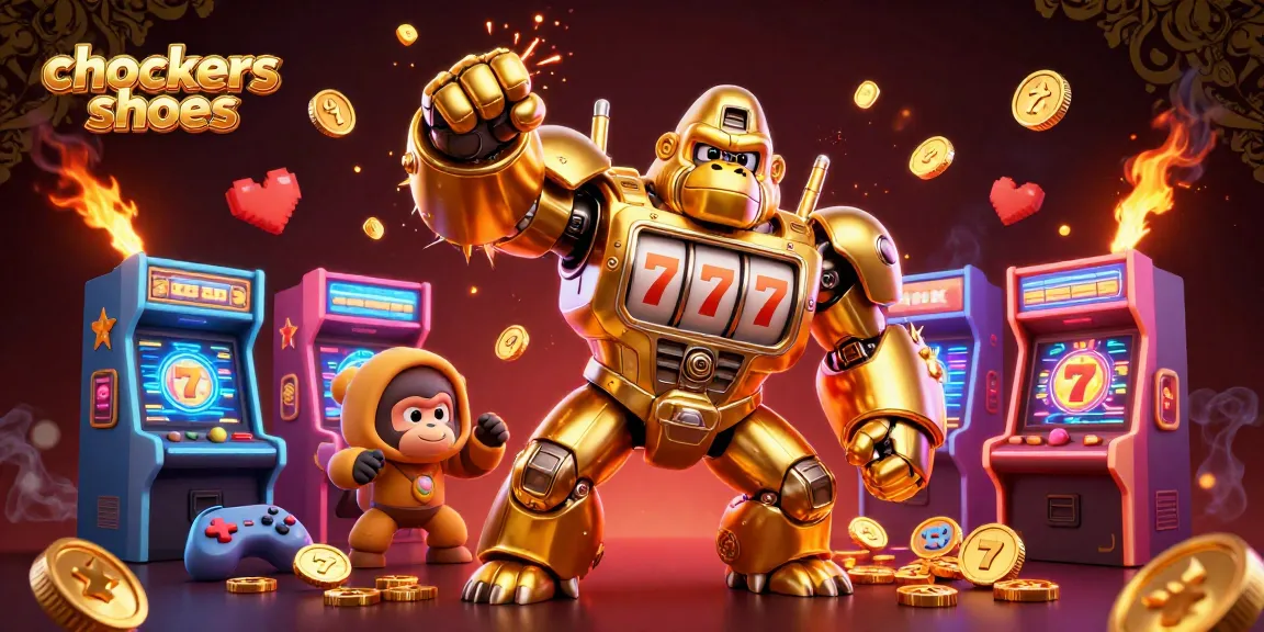 Engage with vibrant chockers shoes as a golden gorilla mech launches coins in an exciting casino scene.