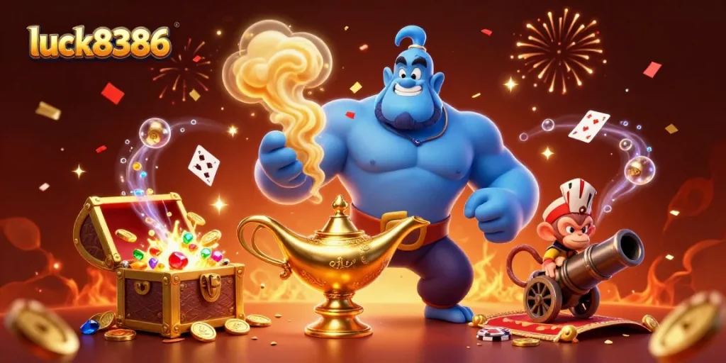 Experience excitement and winnings at luck8386 with vibrant casino elements and dynamic characters.