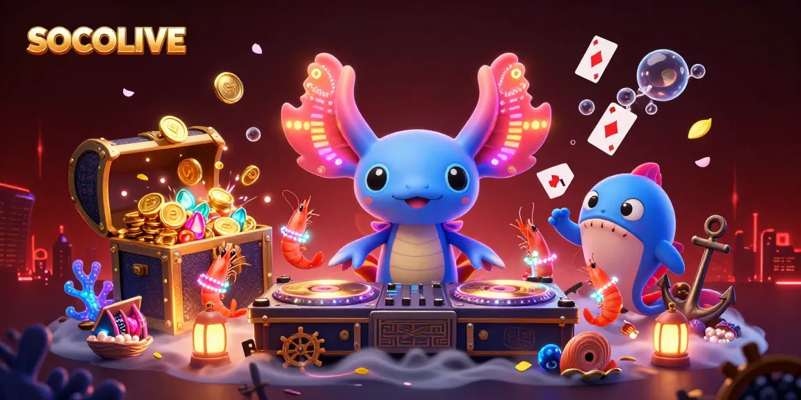 SOCOLIVE offers a vibrant 3D illustration of a neon axolotl DJ engaging players with immersive poker elements and lively underwater scenery.