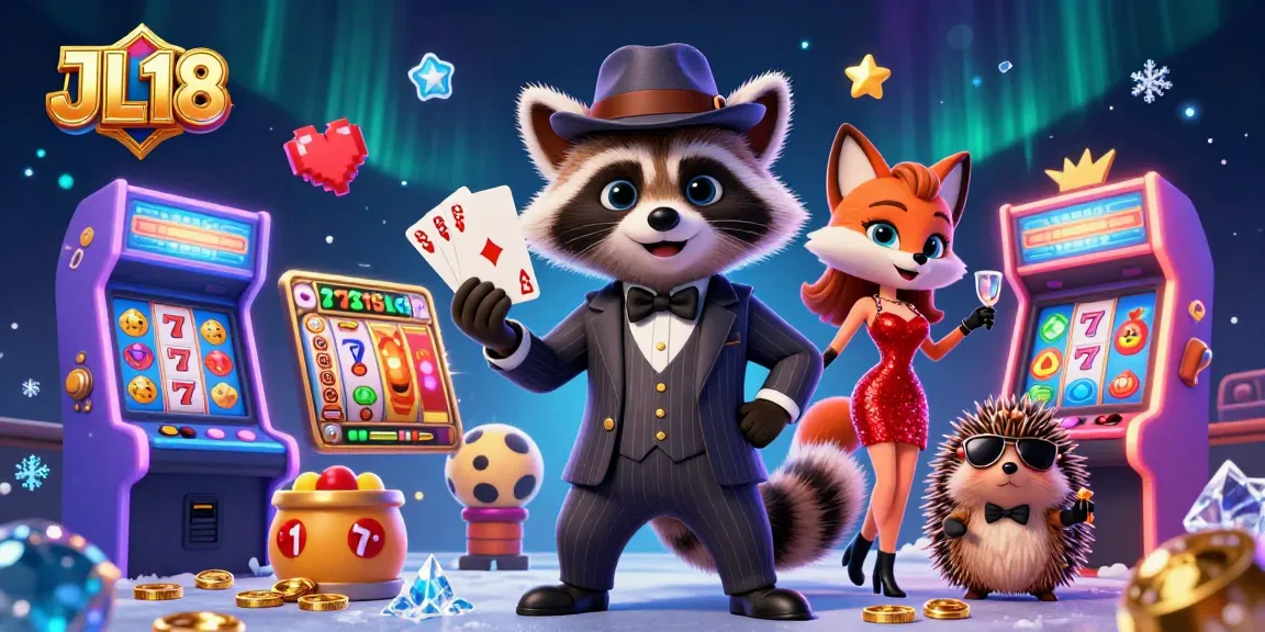 Experience thrilling gameplay at JL18 casino with a raccoon and friends celebrating wins amidst slot reels.