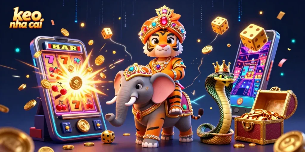 Engage with keo nha cai in a vibrant casino scene featuring colorful graphics and gambling elements.