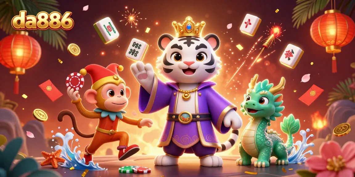 Experience the magic of da886 with a 3D cartoon scene featuring playful characters and vibrant casino elements.