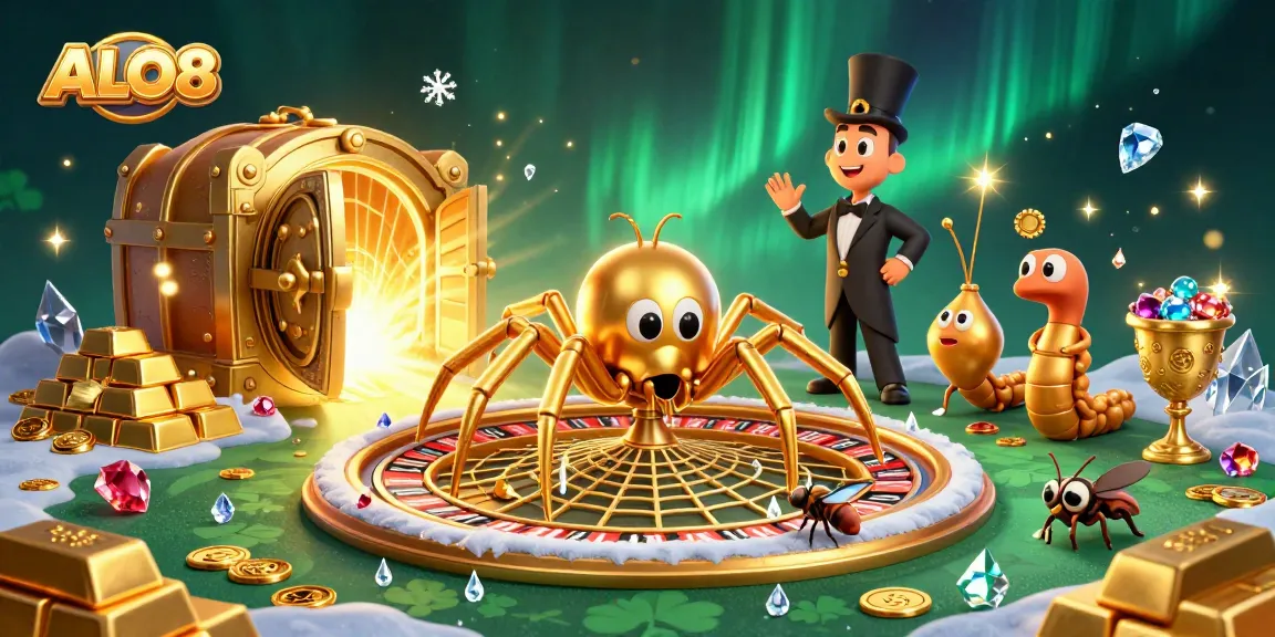 Engage in thrilling gameplay with ALO8's golden spider and roulette-themed casino scene.