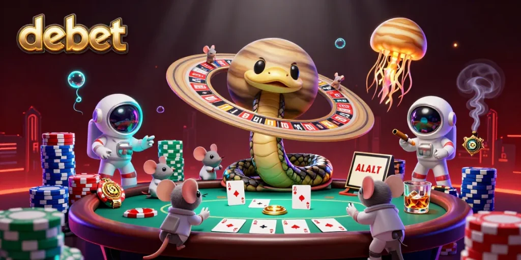 Experience debet gaming excitement with a dynamic casino scene featuring astronauts betting around a roulette wheel planet.