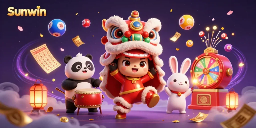 Experience the thrilling world of Sunwin as playful characters celebrate with vibrant casino elements.