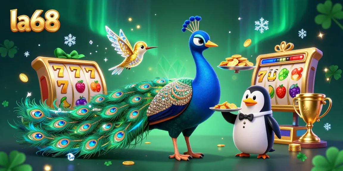 Win big with la68, featuring a vibrant 3D peacock and casino elements showcasing exciting jackpots and rewards.