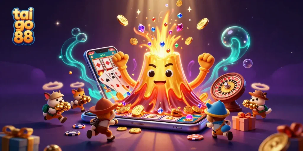 Experience tai go 88's thrilling slots as golden coins and treasures erupt from a golden volcano.