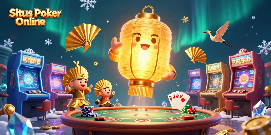 Engaging scene of Situs Poker Online with a glowing golden lantern spirit and poker elements.