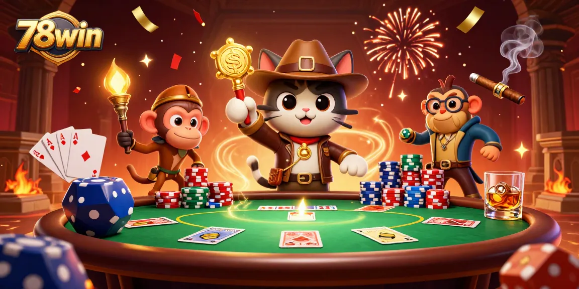 Experience thrilling adventures at 78win as the cartoon archaeologist discovers hidden treasures and golden artifacts amidst towering poker chips.